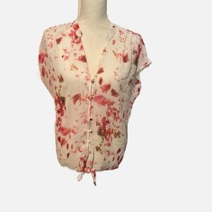 RD Style Red and Cream Cap Sleeve Blouse with Tie Front